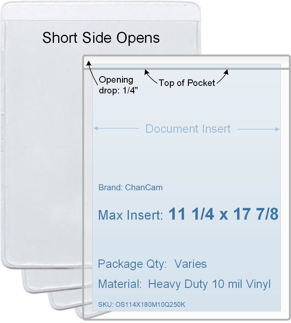 ChanCam vinyl sleeve, open short side, insert size: 11 1/4 x 17 7/8, product size: 11 1/2 x 18 1/8, package quantity 100, heavy duty 10 mil clear vinyl