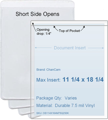 ChanCam vinyl sleeve, open short side, insert size: 11 1/4 x 18 1/4, product size: 11 1/2 x 18 1/2, package quantity 100, 7.5 mil clear vinyl