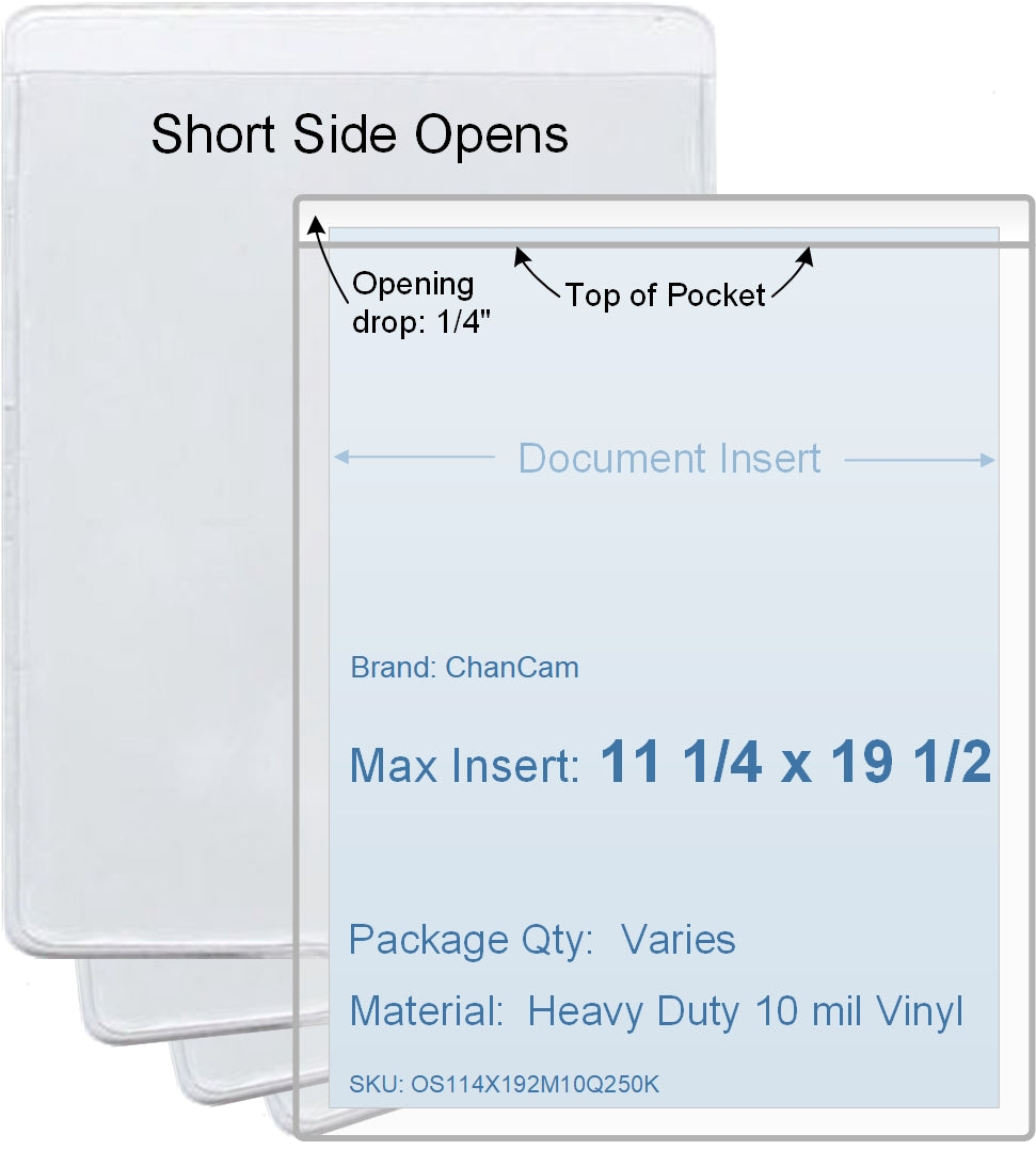 ChanCam vinyl sleeve, open short side, insert size: 11 1/4 x 19 1/2, product size: 11 1/2 x 19 3/4, heavy duty 10 mil clear vinyl