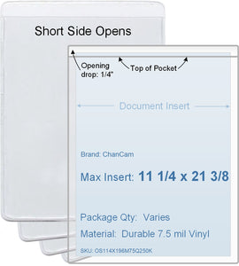 ChanCam vinyl sleeve, open short side, insert size: 11 1/4 x 21 3/8, product size: 11 1/2 x 21 5/8, package quantity 100, 7.5 mil clear vinyl