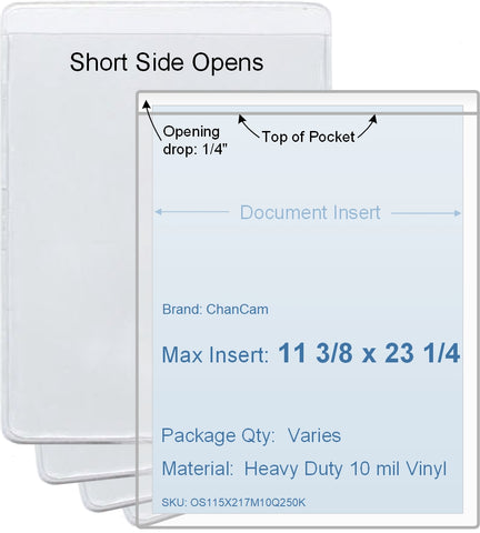 ChanCam vinyl sleeve, open short side, insert size: 11 3/8 x 23 1/4, product size: 11 5/8 x 23 1/2, heavy duty 10 mil clear vinyl