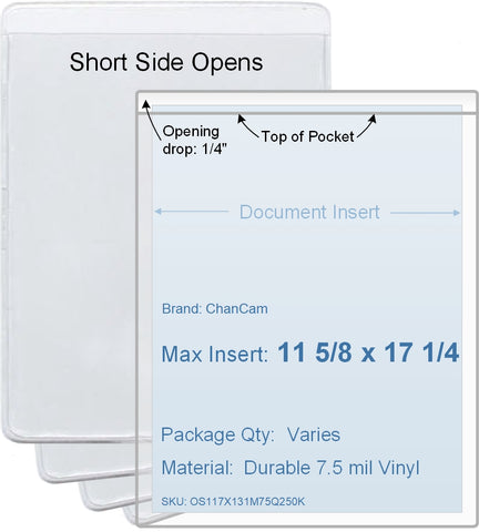 ChanCam vinyl sleeve, open short side, insert size: 11 5/8 x 17 1/4, product size: 11 7/8 x 17 1/2, package quantity 100, 7.5 mil clear vinyl