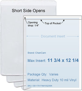 ChanCam vinyl sleeve, open short side, insert size: 11 3/4 x 12 1/4, product size: 12 x 12 1/2, heavy duty 10 mil clear vinyl