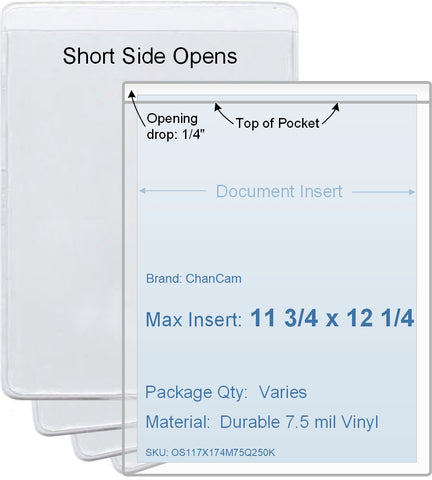 ChanCam vinyl sleeve, open short side, insert size: 11 3/4 x 12 1/4, product size: 12 x 12 1/2, package quantity 250, 7.5 mil clear vinyl