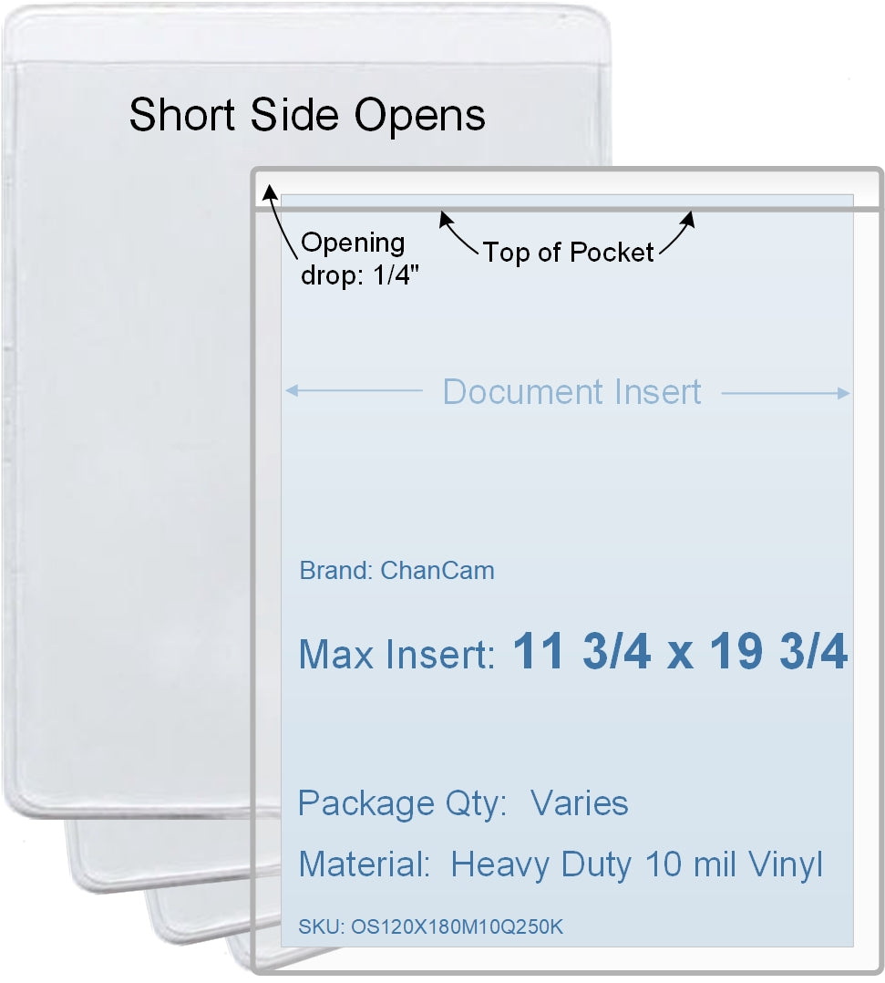 ChanCam vinyl sleeve, open short side, insert size: 11 3/4 x 19 3/4, product size: 12 x 20, heavy duty 10 mil clear vinyl