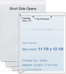 ChanCam vinyl sleeve, open short side, insert size: 11 7/8 x 12 1/8, product size: 12 1/8 x 12 3/8, package quantity 100, 7.5 mil clear vinyl