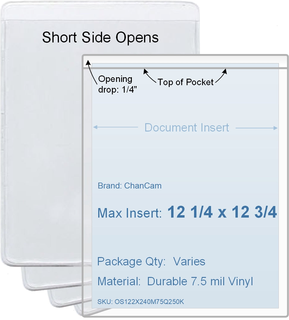 ChanCam vinyl sleeve, open short side, insert size: 12 1/4 x 12 3/4, product size: 12 1/2 x 13, package quantity 100, 7.5 mil clear vinyl