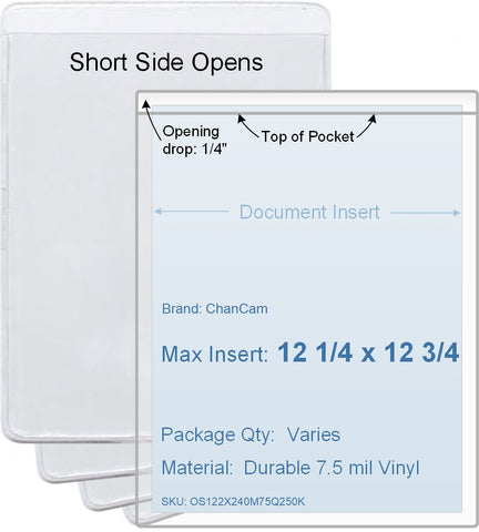 ChanCam vinyl sleeve, open short side, insert size: 12 1/4 x 12 3/4, product size: 12 1/2 x 13, package quantity 100, 7.5 mil clear vinyl