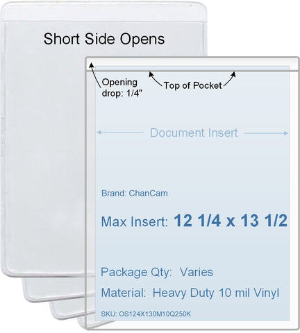 ChanCam vinyl sleeve, open short side, insert size: 12 1/4 x 13 1/2, product size: 12 1/2 x 13 3/4, package quantity 100, heavy duty 10 mil clear vinyl