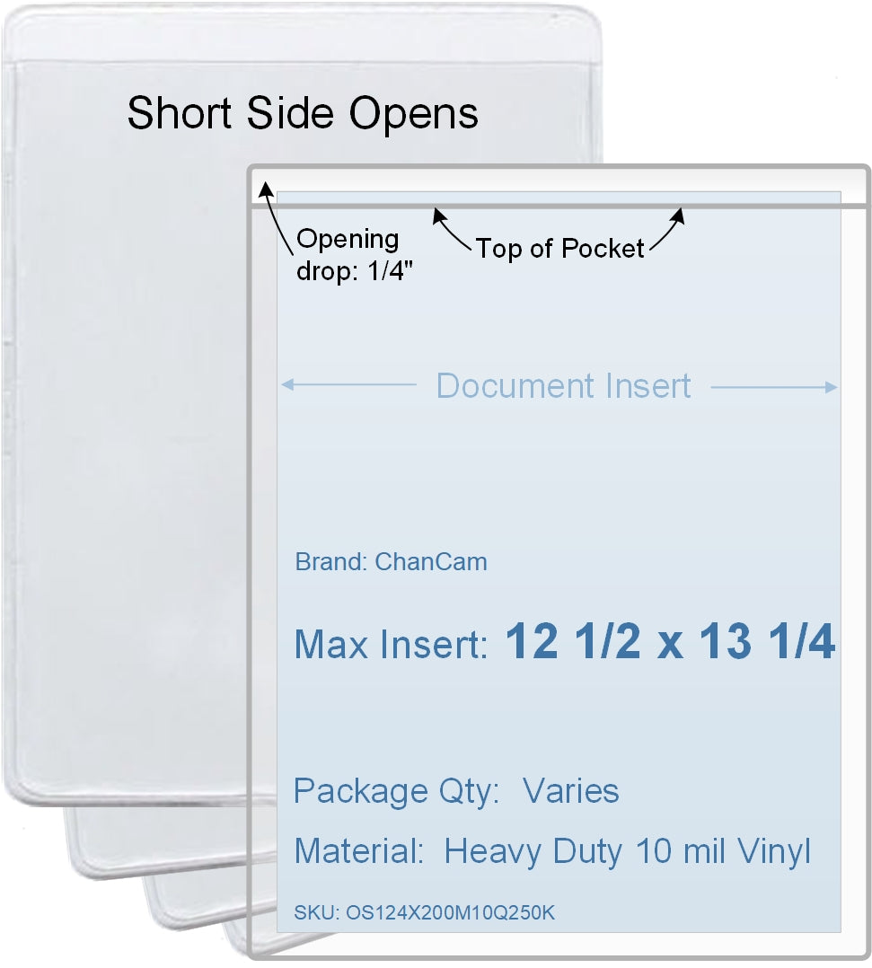 ChanCam vinyl sleeve, open short side, insert size: 12 1/2 x 13 1/4, product size: 12 3/4 x 13 1/2, package quantity 100, heavy duty 10 mil clear vinyl