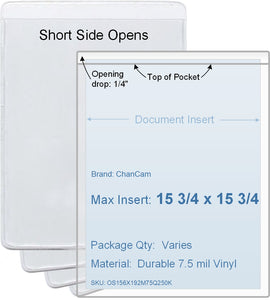 ChanCam vinyl sleeve, open short side, insert size: 15 3/4 x 15 3/4, product size: 16 x 16, package quantity 100, 7.5 mil clear vinyl