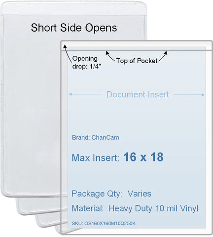 ChanCam vinyl sleeve, open short side, insert size: 16 x 18, product size: 16 1/4 x 18 1/4, package quantity 100, heavy duty 10 mil clear vinyl