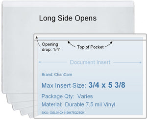 ChanCam vinyl sleeve, open long side, insert size: 5 3/8 x 3/4, product size: 5 5/8 x 1, package quantity 100, 7.5 mil clear vinyl