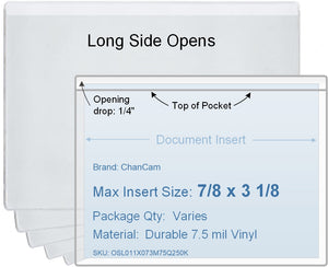 ChanCam vinyl sleeve, open long side, insert size: 3 1/8 x 7/8, product size: 3 3/8 x 1 1/8, package quantity 100, 7.5 mil clear vinyl