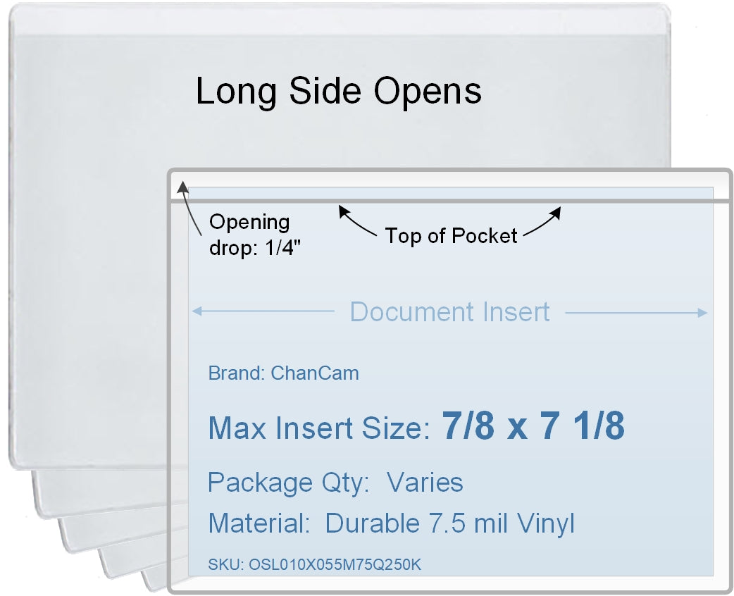 ChanCam vinyl sleeve, open long side, insert size: 7 1/8 x 7/8, product size: 7 3/8 x 1 1/8, package quantity 100, 7.5 mil clear vinyl