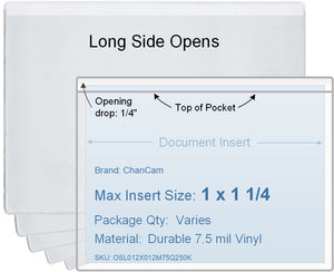 ChanCam vinyl sleeve, open long side, insert size: 1 1/4 x 1, product size: 1 1/2 x 1 1/4, package quantity 100, 7.5 mil clear vinyl