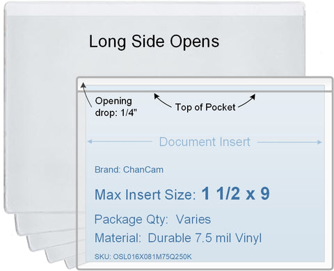 ChanCam vinyl sleeve, open long side, insert size: 9 x 1 1/2, product size: 9 1/4 x 1 3/4, package quantity 100, 7.5 mil clear vinyl
