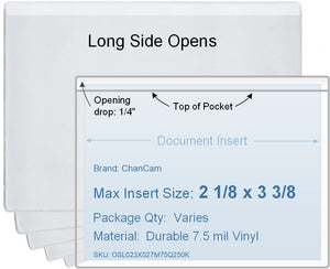 ChanCam vinyl sleeve, open long side, insert size: 3 3/8 x 2 1/8, product size: 3 5/8 x 2 3/8, package quantity 100, 7.5 mil clear vinyl