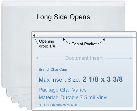 ChanCam vinyl sleeve, open long side, insert size: 3 3/8 x 2 1/8, product size: 3 5/8 x 2 3/8, package quantity 100, 7.5 mil clear vinyl