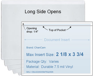 ChanCam vinyl sleeve, open long side, insert size: 3 3/4 x 2 1/8, product size: 4 x 2 3/8, package quantity 100, 7.5 mil clear vinyl