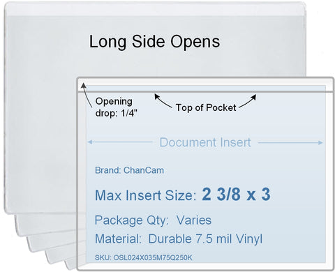 ChanCam vinyl sleeve, open long side, insert size: 3 x 2 3/8, product size: 3 1/4 x 2 5/8, package quantity 100, 7.5 mil clear vinyl