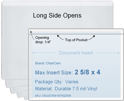 ChanCam vinyl sleeve, open long side, insert size: 4 x 2 5/8, product size: 4 1/4 x 2 7/8, package quantity 100, 7.5 mil clear vinyl