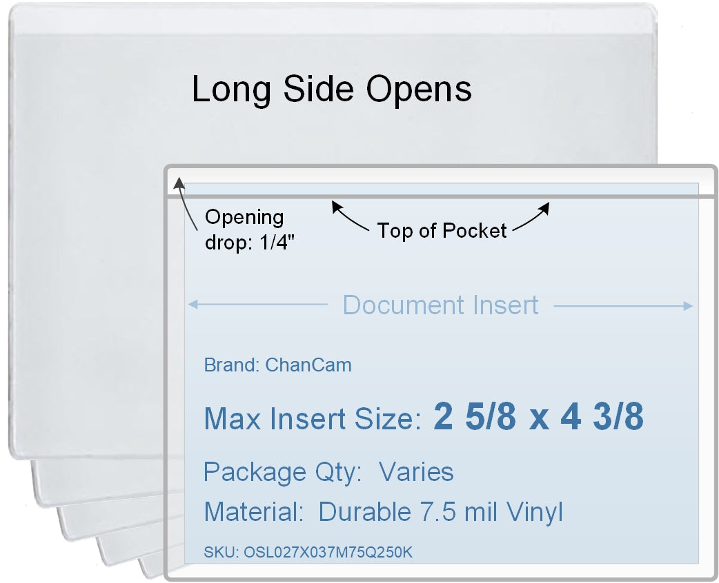 ChanCam vinyl sleeve, open long side, insert size: 4 3/8 x 2 5/8, product size: 4 5/8 x 2 7/8, package quantity 100, 7.5 mil clear vinyl