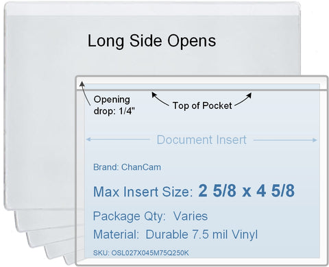 ChanCam vinyl sleeve, open long side, insert size: 4 5/8 x 2 5/8, product size: 4 7/8 x 2 7/8, package quantity 100, 7.5 mil clear vinyl