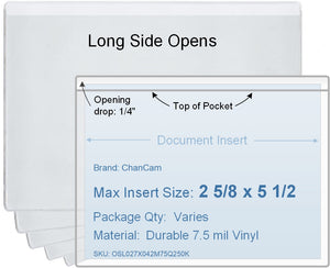 ChanCam vinyl sleeve, open long side, insert size: 5 1/2 x 2 5/8, product size: 5 3/4 x 2 7/8, package quantity 100, 7.5 mil clear vinyl