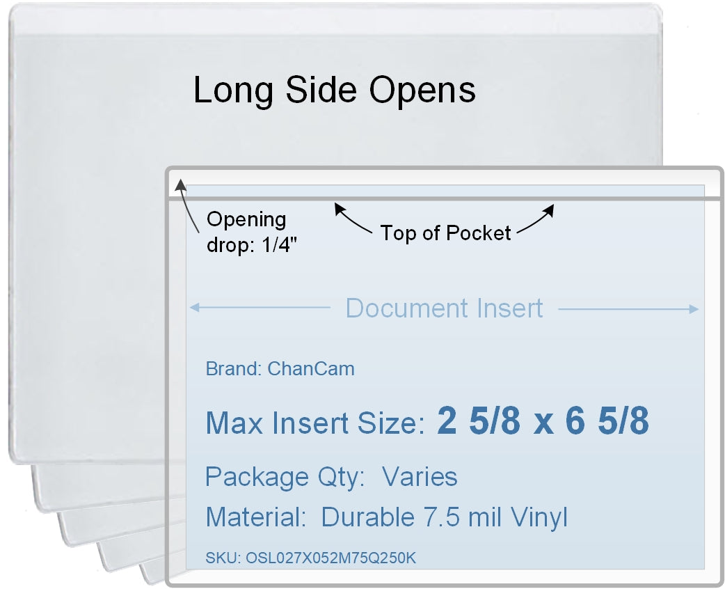 ChanCam vinyl sleeve, open long side, insert size: 6 5/8 x 2 5/8, product size: 6 7/8 x 2 7/8, package quantity 100, 7.5 mil clear vinyl