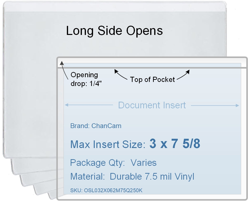 ChanCam vinyl sleeve, open long side, insert size: 7 5/8 x 3, product size: 7 7/8 x 3 1/4, package quantity 100, 7.5 mil clear vinyl