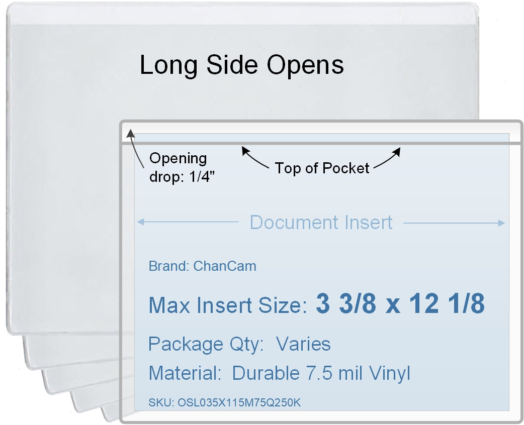 ChanCam vinyl sleeve, open long side, insert size: 12 1/8 x 3 3/8, product size: 12 3/8 x 3 5/8, package quantity 100, 7.5 mil clear vinyl
