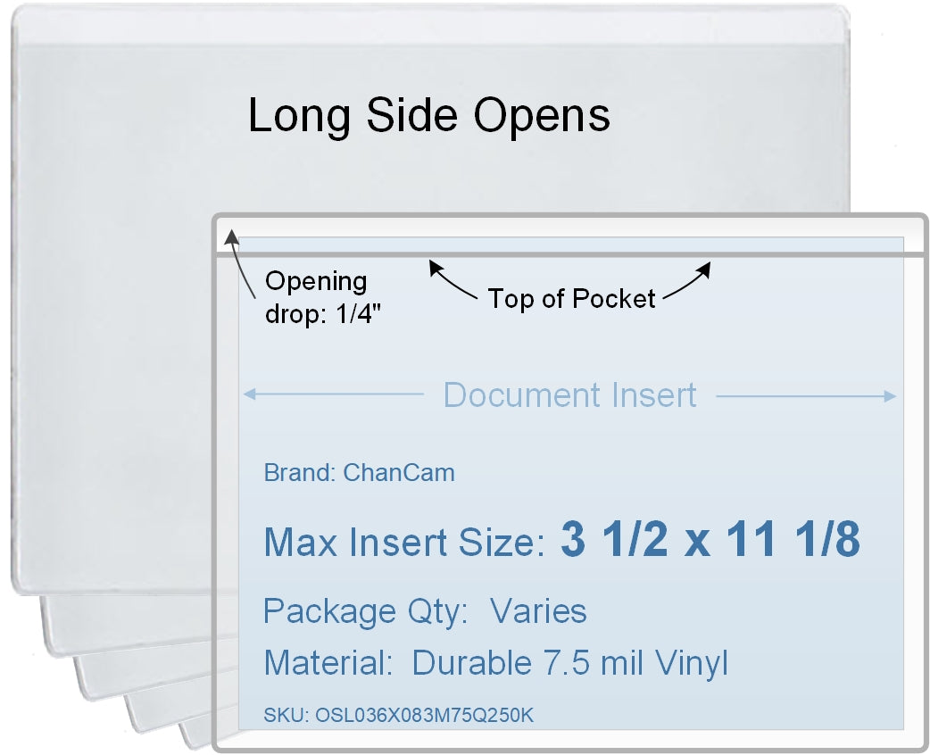 ChanCam vinyl sleeve, open long side, insert size: 11 1/8 x 3 1/2, product size: 11 3/8 x 3 3/4, package quantity 100, 7.5 mil clear vinyl