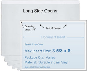 ChanCam vinyl sleeve, open long side, insert size: 8 x 3 5/8, product size: 8 1/4 x 3 7/8, package quantity 100, 7.5 mil clear vinyl