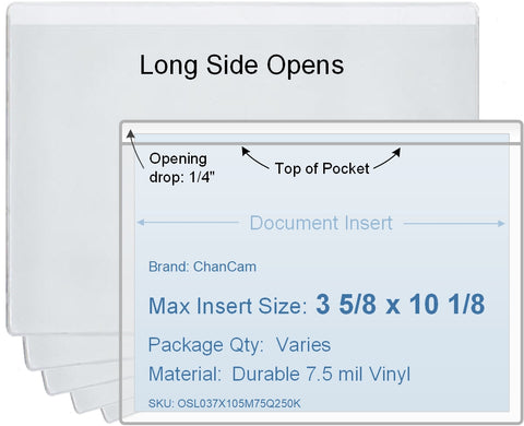 ChanCam vinyl sleeve, open long side, insert size: 10 1/8 x 3 5/8, product size: 10 3/8 x 3 7/8, package quantity 100, 7.5 mil clear vinyl