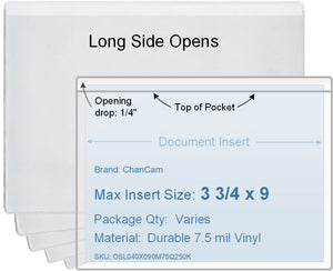 ChanCam vinyl sleeve, open long side, insert size: 9 x 3 3/4, product size: 9 1/4 x 4, package quantity 100, 7.5 mil clear vinyl