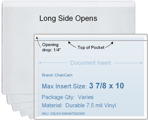 ChanCam vinyl sleeve, open long side, insert size: 10 x 3 7/8, product size: 10 1/4 x 4 1/8, package quantity 100, 7.5 mil clear vinyl