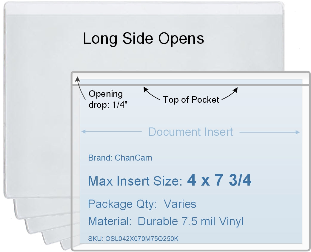 ChanCam vinyl sleeve, open long side, insert size: 7 3/4 x 4, product size: 8 x 4 1/4, package quantity 100, 7.5 mil clear vinyl