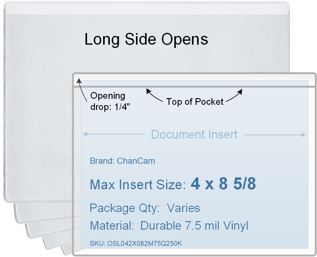 ChanCam vinyl sleeve, open long side, insert size: 8 5/8 x 4, product size: 8 7/8 x 4 1/4, package quantity 100, 7.5 mil clear vinyl