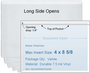 ChanCam vinyl sleeve, open long side, insert size: 8 5/8 x 4, product size: 8 7/8 x 4 1/4, package quantity 100, 7.5 mil clear vinyl