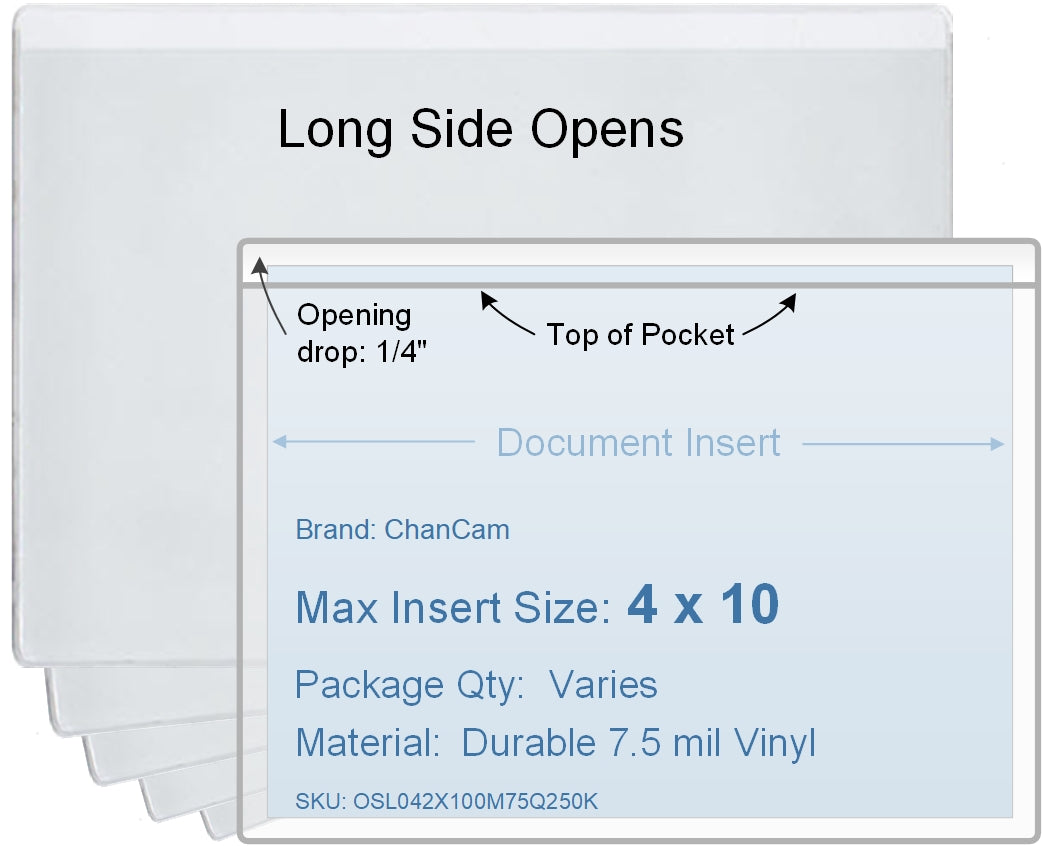 ChanCam vinyl sleeve, open long side, insert size: 10 x 4, product size: 10 1/4 x 4 1/4, package quantity 100, 7.5 mil clear vinyl
