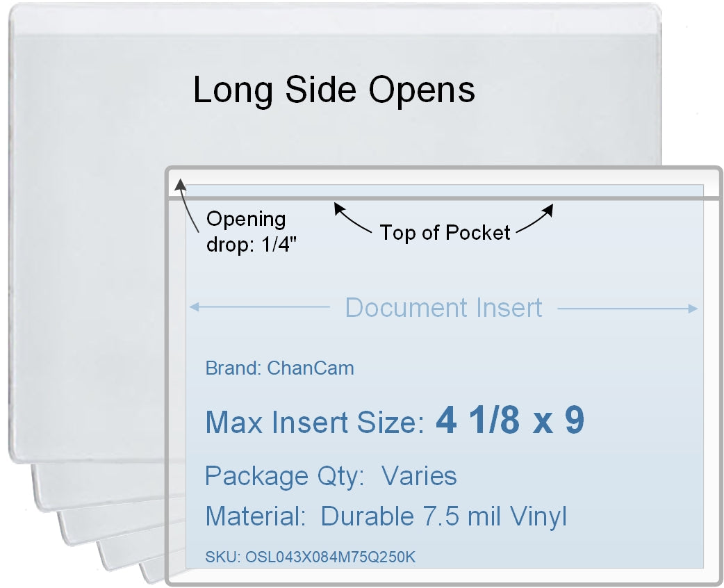 ChanCam vinyl sleeve, open long side, insert size: 9 x 4 1/8, product size: 9 1/4 x 4 3/8, package quantity 100, 7.5 mil clear vinyl