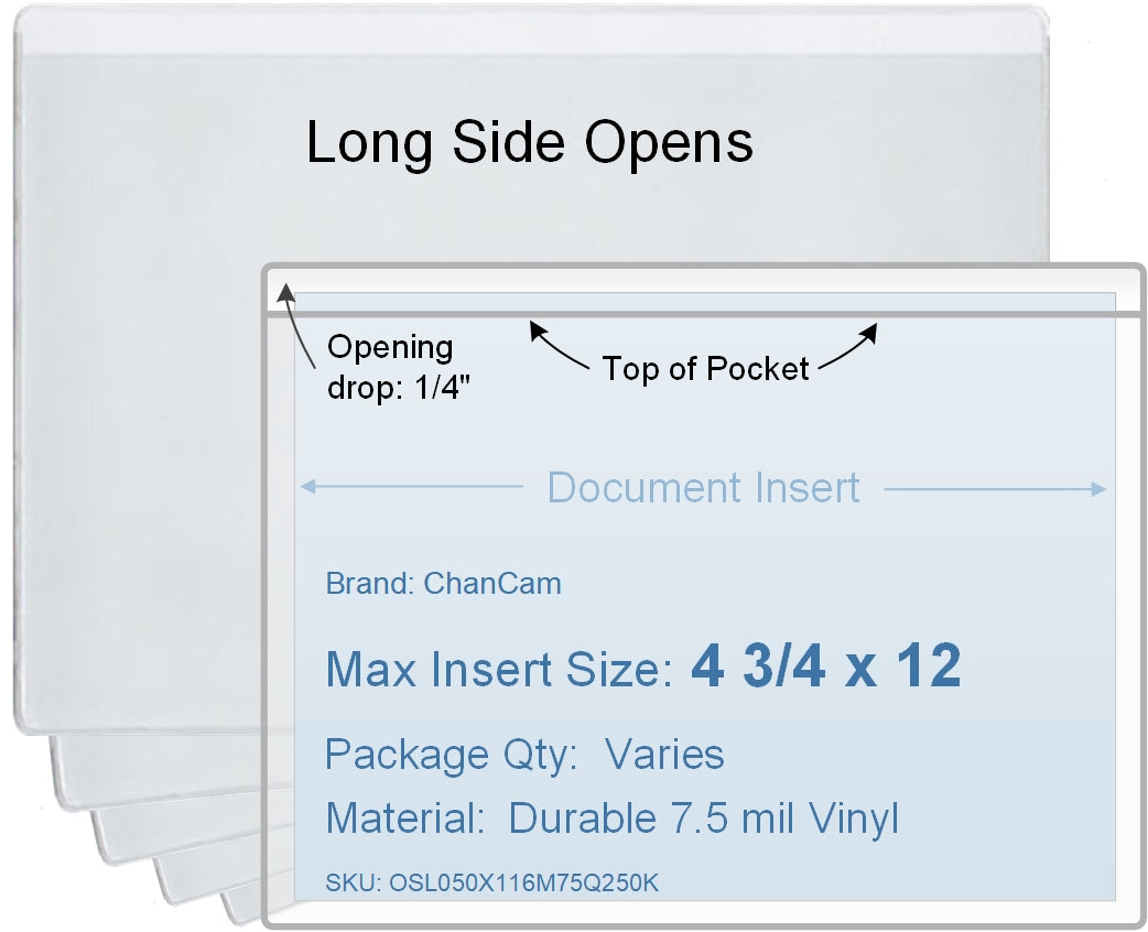 ChanCam vinyl sleeve, open long side, insert size: 12 x 4 3/4, product size: 12 1/4 x 5, 7.5 mil clear vinyl