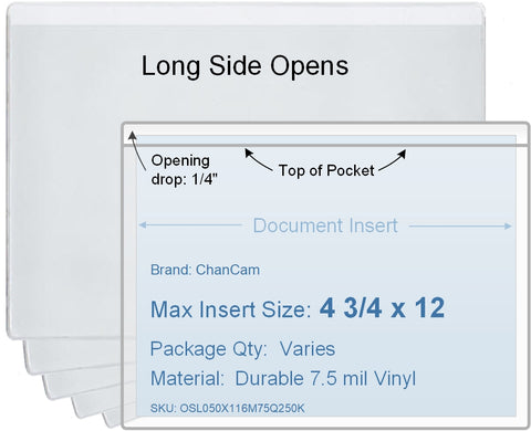 ChanCam vinyl sleeve, open long side, insert size: 12 x 4 3/4, product size: 12 1/4 x 5, 7.5 mil clear vinyl