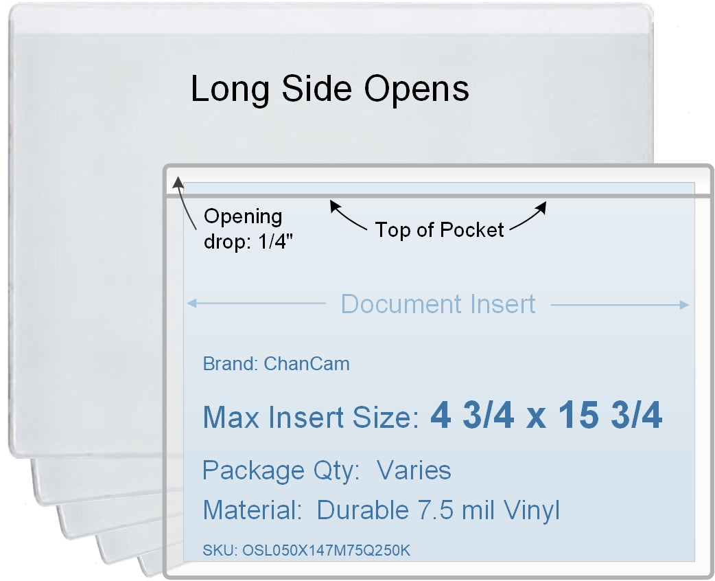 ChanCam vinyl sleeve, open long side, insert size: 15 3/4 x 4 3/4, product size: 16 x 5, package quantity 100, 7.5 mil clear vinyl