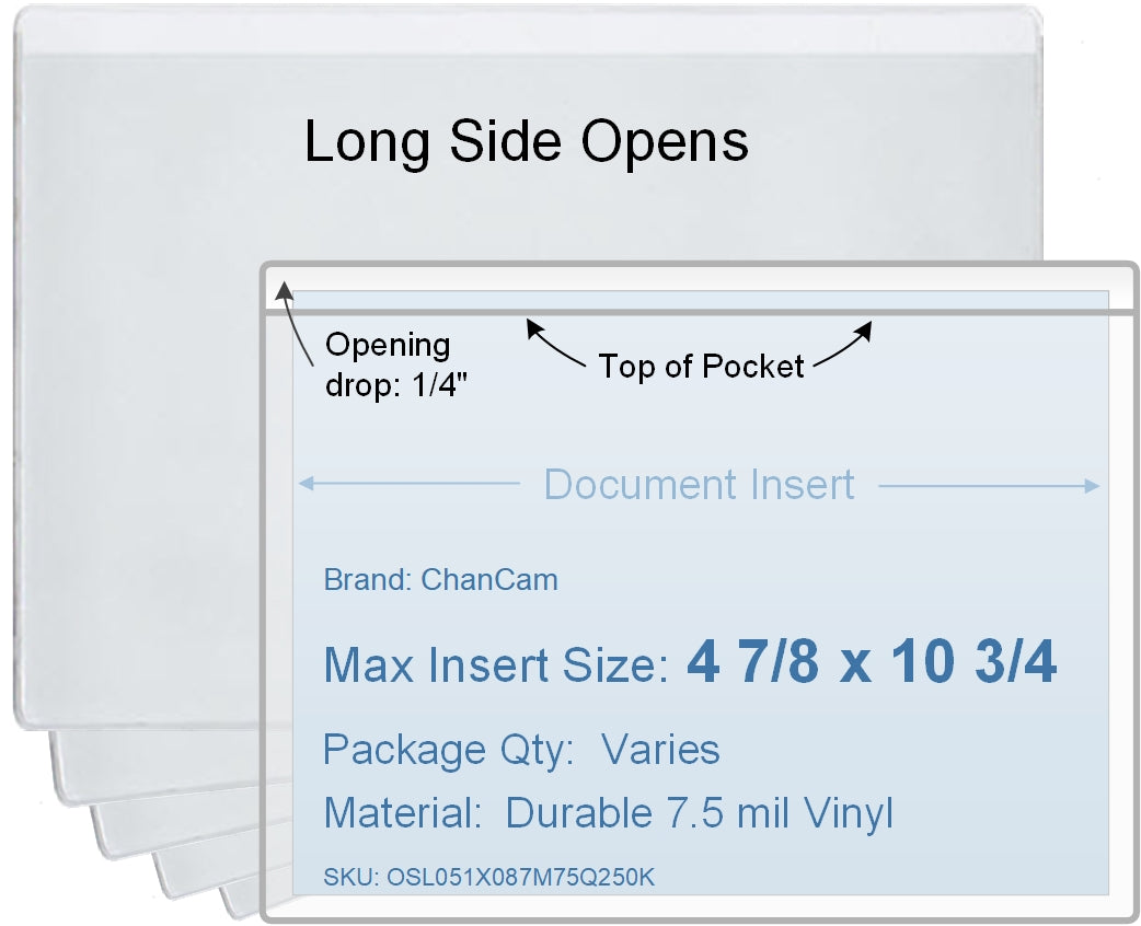 ChanCam vinyl sleeve, open long side, insert size: 10 3/4 x 4 7/8, product size: 11 x 5 1/8, package quantity 100, 7.5 mil clear vinyl