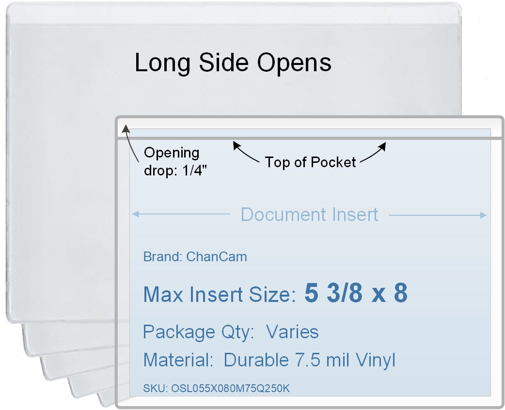 ChanCam vinyl sleeve, open long side, insert size: 8 x 5 3/8, product size: 8 1/4 x 5 5/8, package quantity 100, 7.5 mil clear vinyl