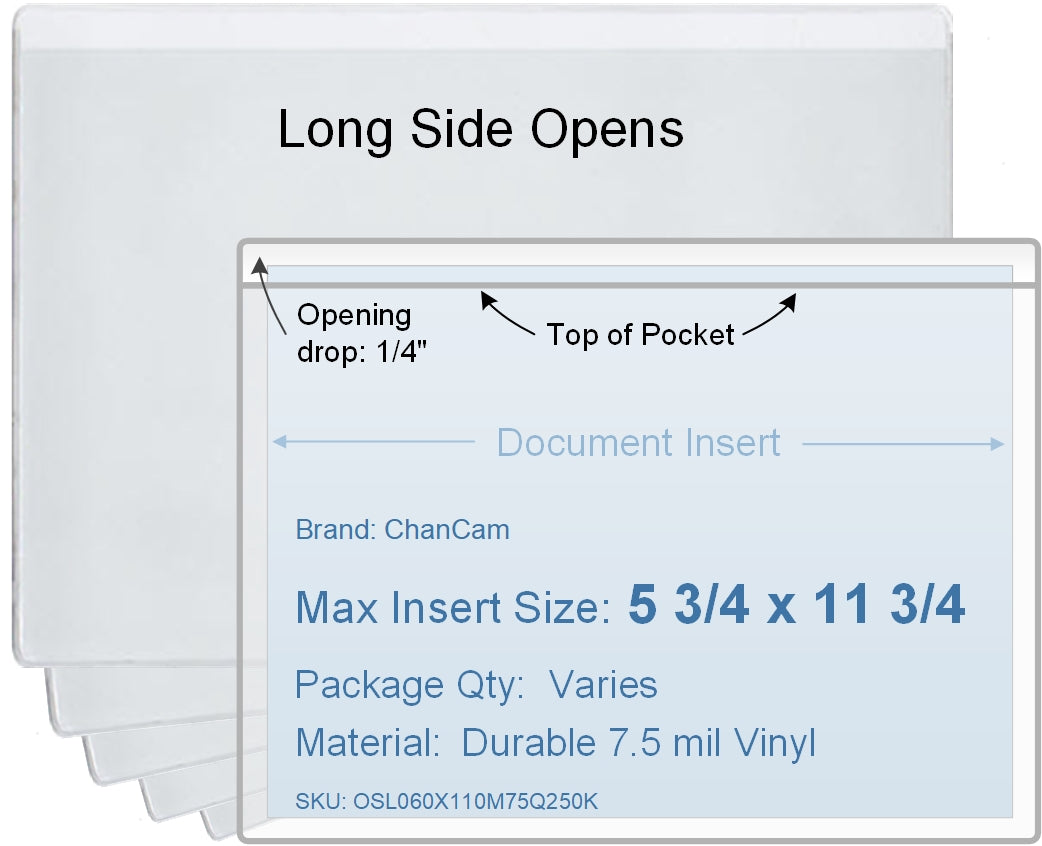ChanCam vinyl sleeve, open long side, insert size: 11 3/4 x 5 3/4, product size: 12 x 6, package quantity 100, 7.5 mil clear vinyl