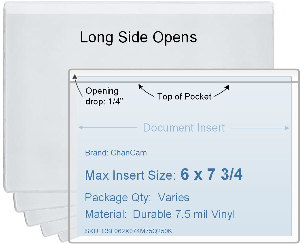 ChanCam vinyl sleeve, open long side, insert size: 7 3/4 x 6, product size: 8 x 6 1/4, package quantity 100, 7.5 mil clear vinyl