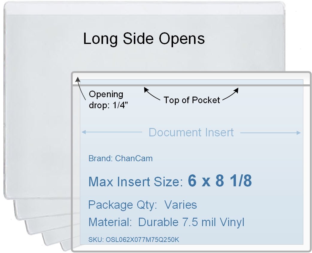 ChanCam vinyl sleeve, open long side, insert size: 8 1/8 x 6, product size: 8 3/8 x 6 1/4, package quantity 100, 7.5 mil clear vinyl